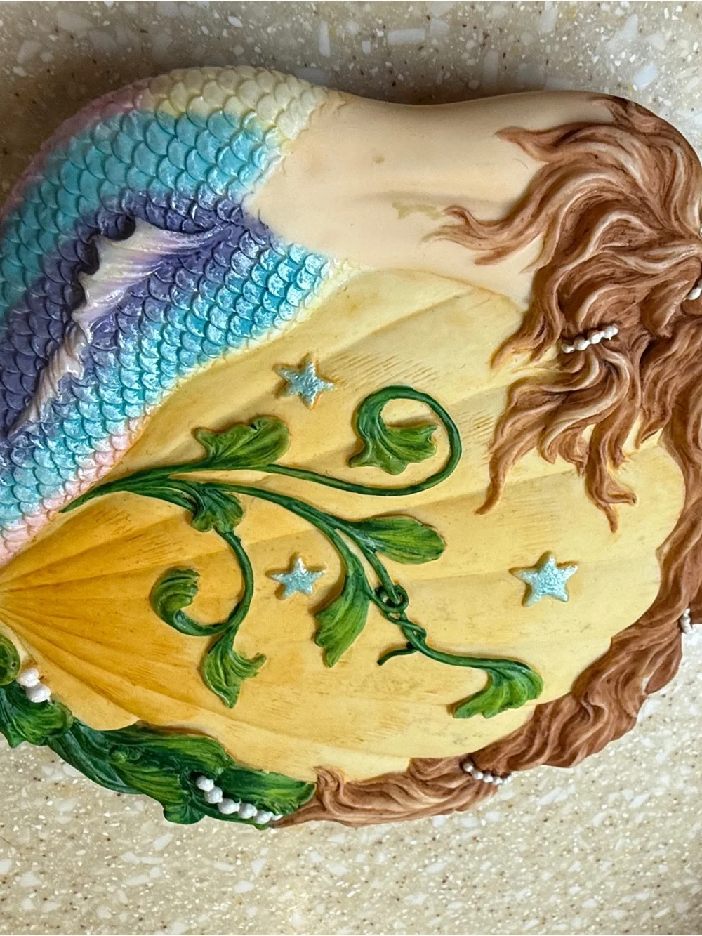Mermaid Scale Hand Mirror with Green Leaf Accents
